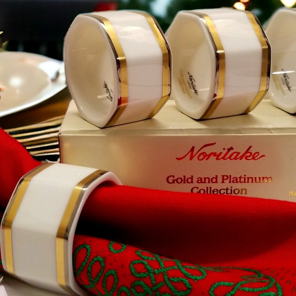 Gold & Platinum Band Napkin Holder Set 4-Noritake Vintage Napkin Rings Colection - Picture 1 of 13